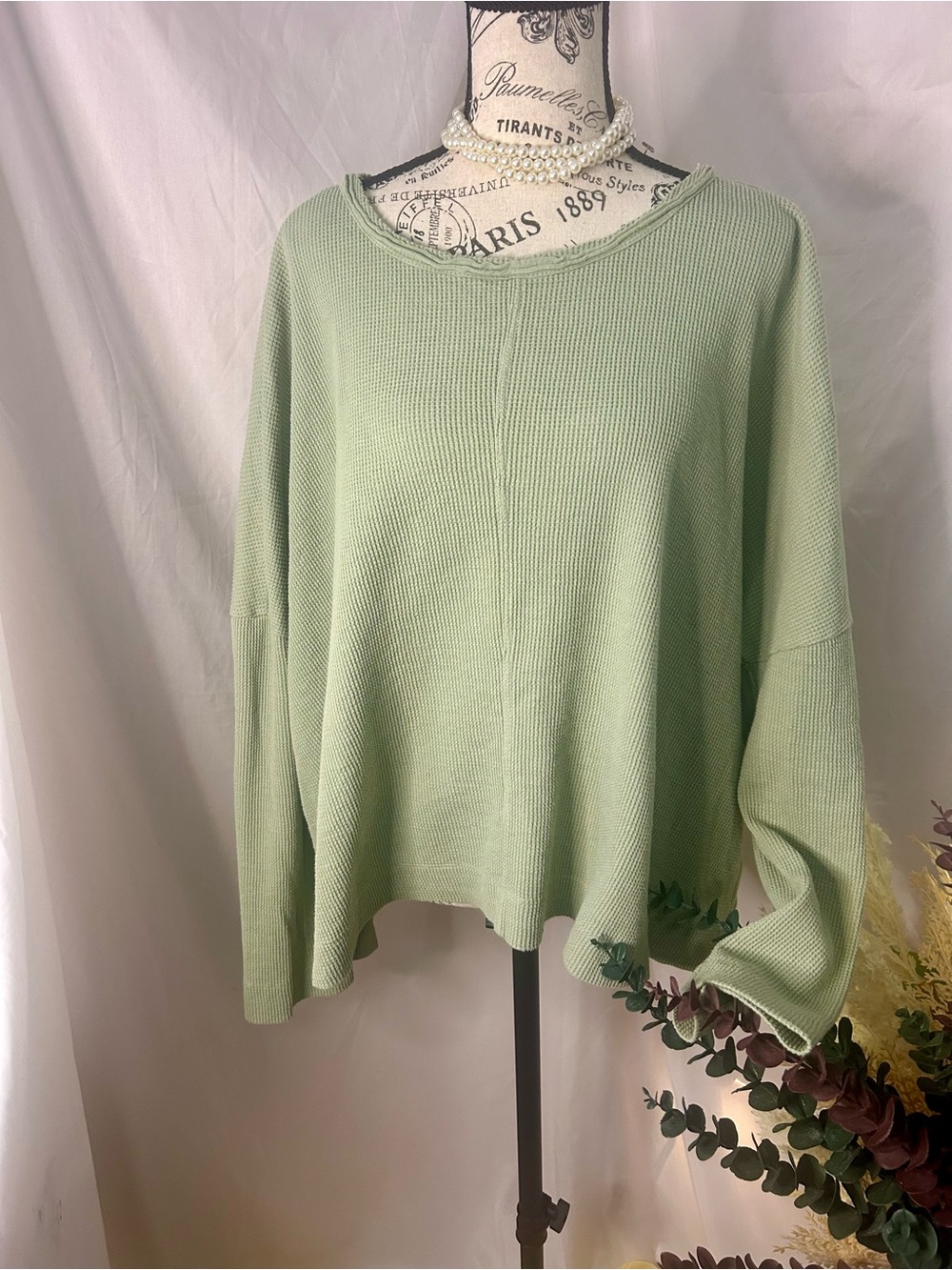 Anthropologie Nori Thermal Waffle Knit Oversized Top Sage Green - Large